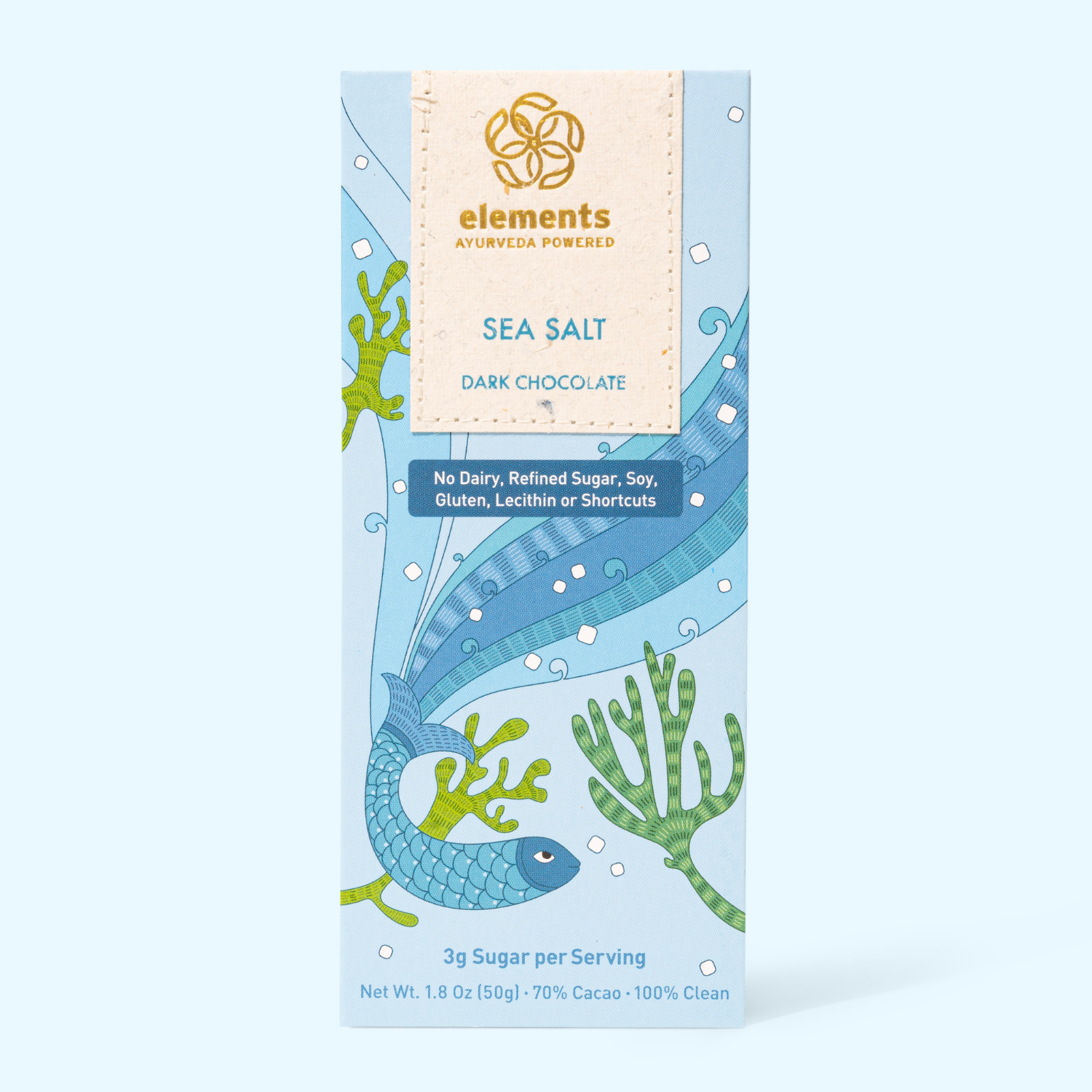 Sea salt dark chocolate packaging with sea-themed design on a light blue background