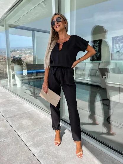 Women's Summer Jumpsuit Solid Color Short Sleeve V-neck Pocket Lace-up Pencil Long Pants