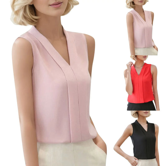 Elegant V Neck Satin Blouse for Women - Sleeveless Casual Office Shirt