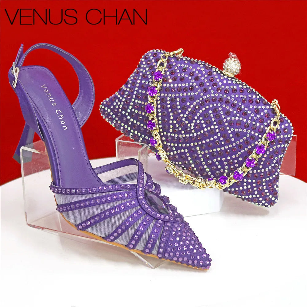 Women's Green Heels and Rhinestone Handbag Set