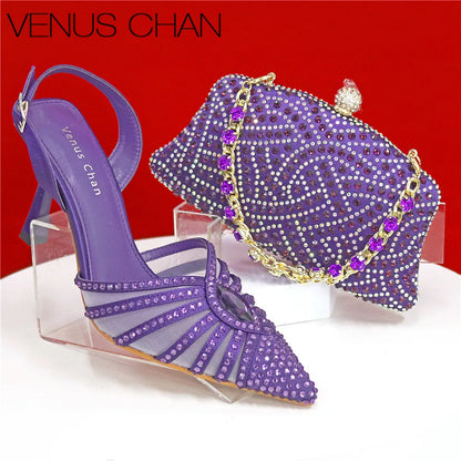 Women's Green Heels and Rhinestone Handbag Set