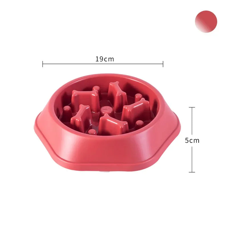 Red dog food bowl with measurements on a white background