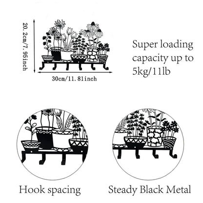 Metal Holder Black Flower Vase Key Holder Coat Hanger 6 Hooks Coat Rack Modern Wall Hangings Entryway Coat Rack Kitchen Holder