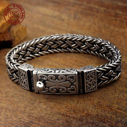 Powerful S925 pure silver vintage pattern woven bracelet, suitable for both men and women, fashionable jewelry gift for everyone