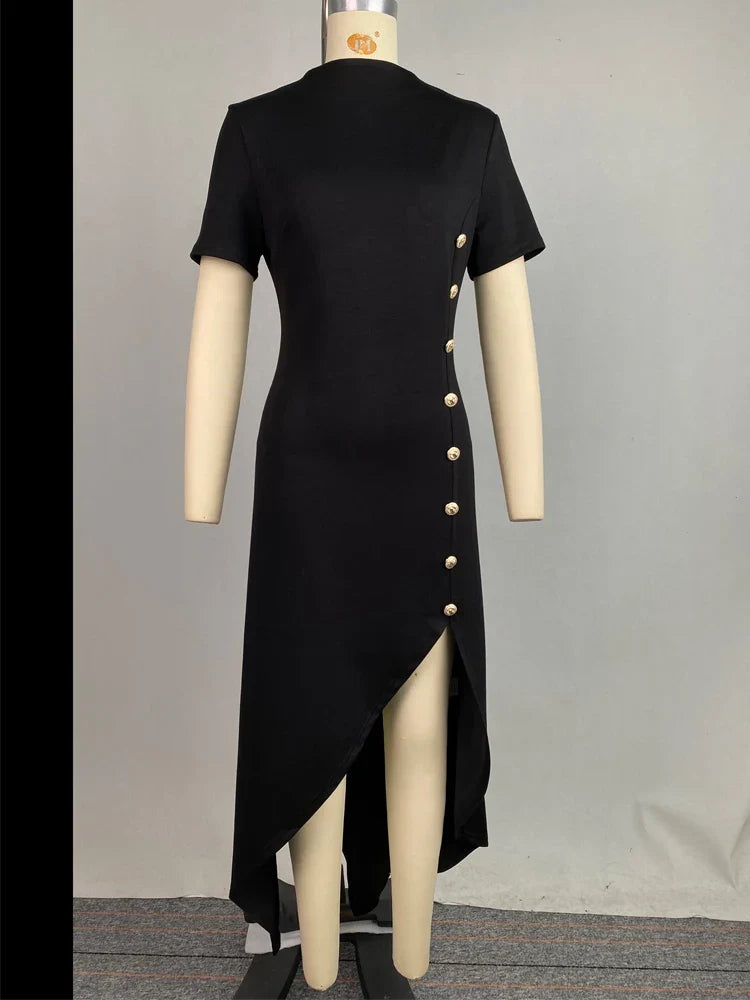 Summer Asymmetrical Maxi Dress for Women - Elegant High-Low Party Dress with Short Sleeves and Button Detail