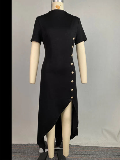 Summer Asymmetrical Maxi Dress for Women - Elegant High-Low Party Dress with Short Sleeves and Button Detail