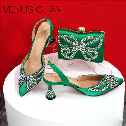 Elegant Rhinestone Pointed-Toe Pumps With Matching Bag Set