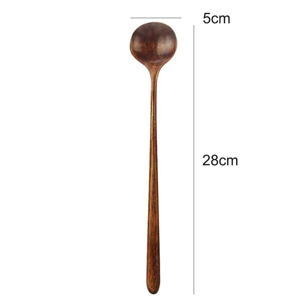 Korean Style 5 Pcs Long Spoons Wooden 10.9 inches 100% Natural Wood  Handle Round  for Soup Cooking Mixing Stirrer