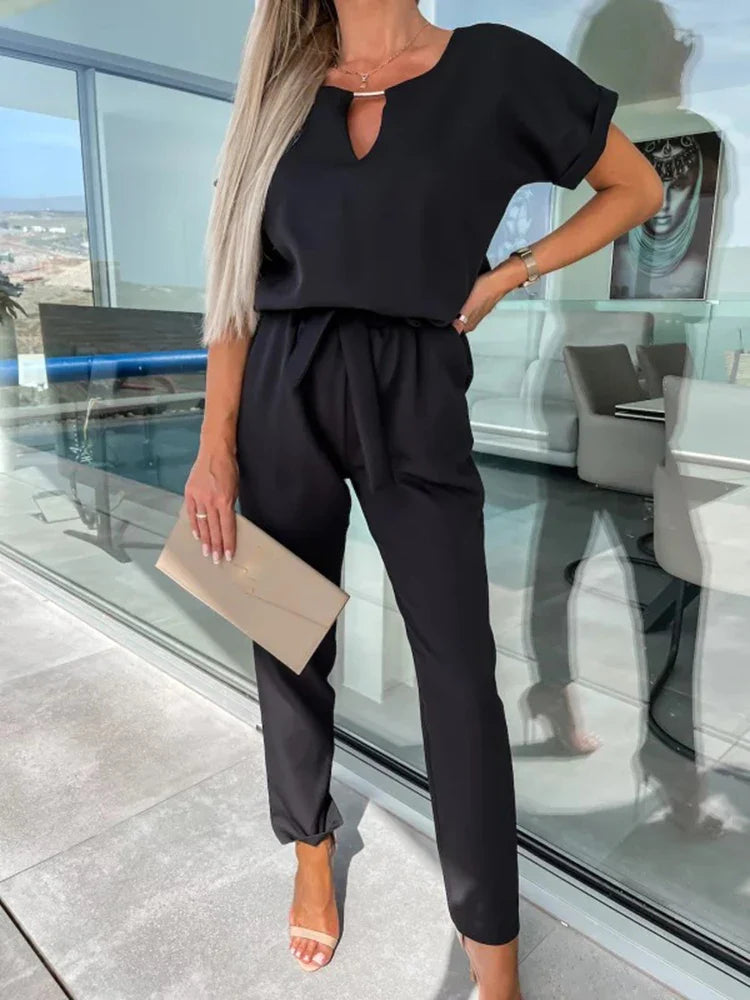Women's Summer Jumpsuit Solid Color Short Sleeve V-neck Pocket Lace-up Pencil Long Pants