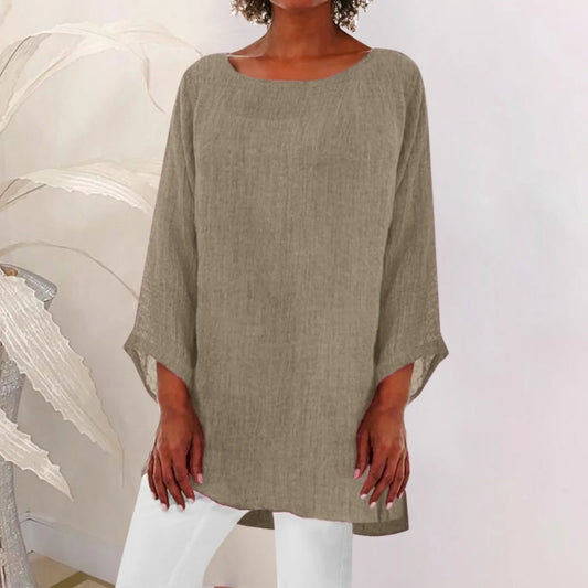 Vintage Cotton Linen Blouse Loose Blouses Summer Shirts Casual Long Sleeve Round Neck Solid Shirt