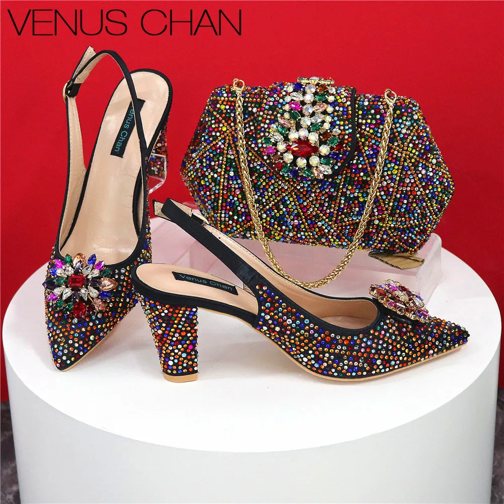 Italian Shoe and Bag Set With Decorated with Rhinestone