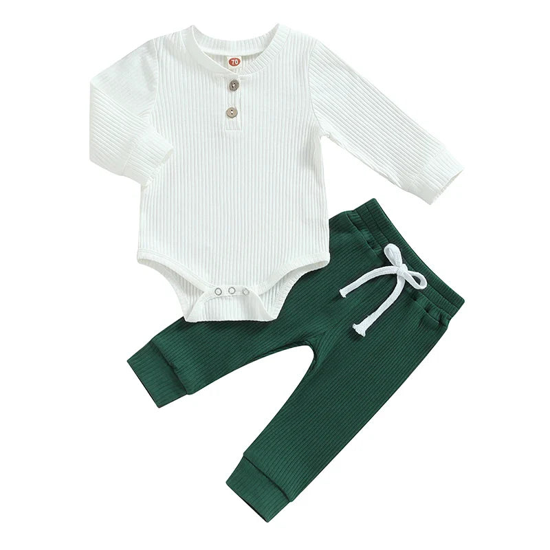 Baby Boy 2 Piece Outfit Solid Color Ribbed Button Long Sleeve Rompers and Elastic Pants Fall Spring Clothes