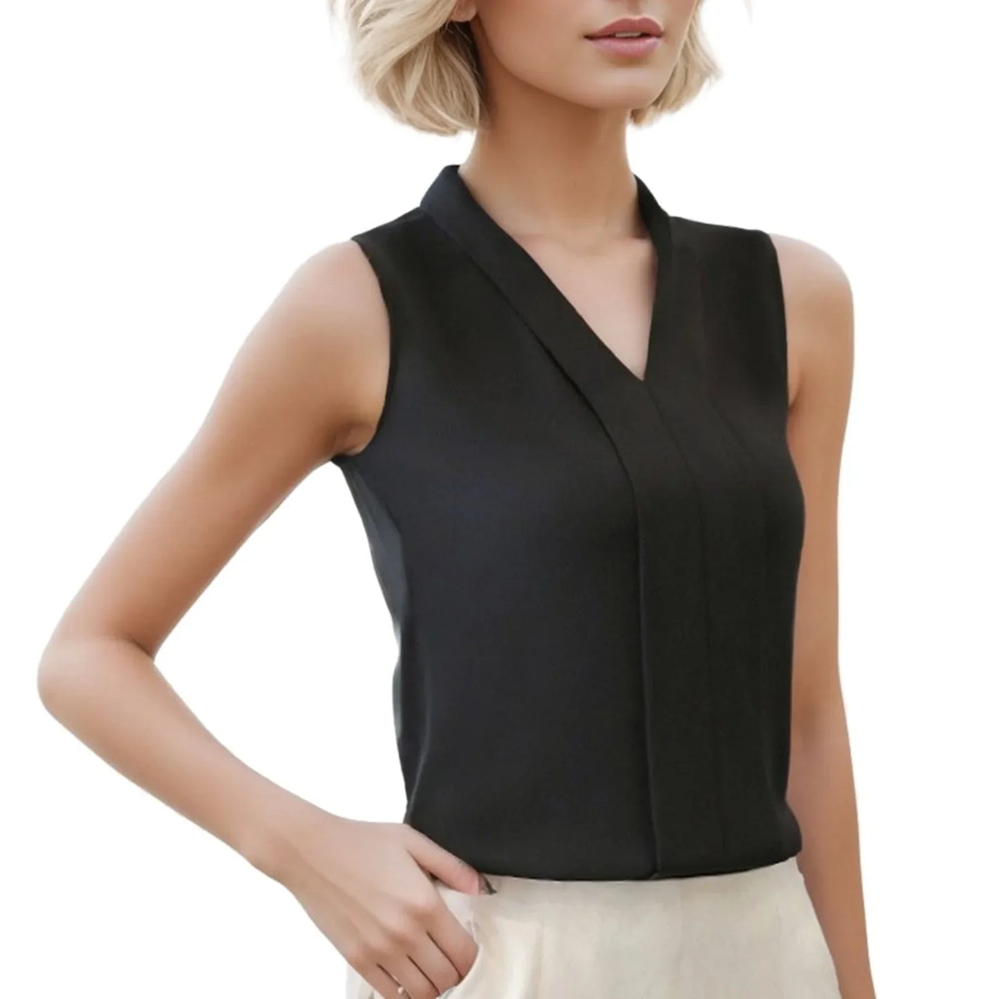 Elegant V Neck Satin Blouse for Women - Sleeveless Casual Office Shirt