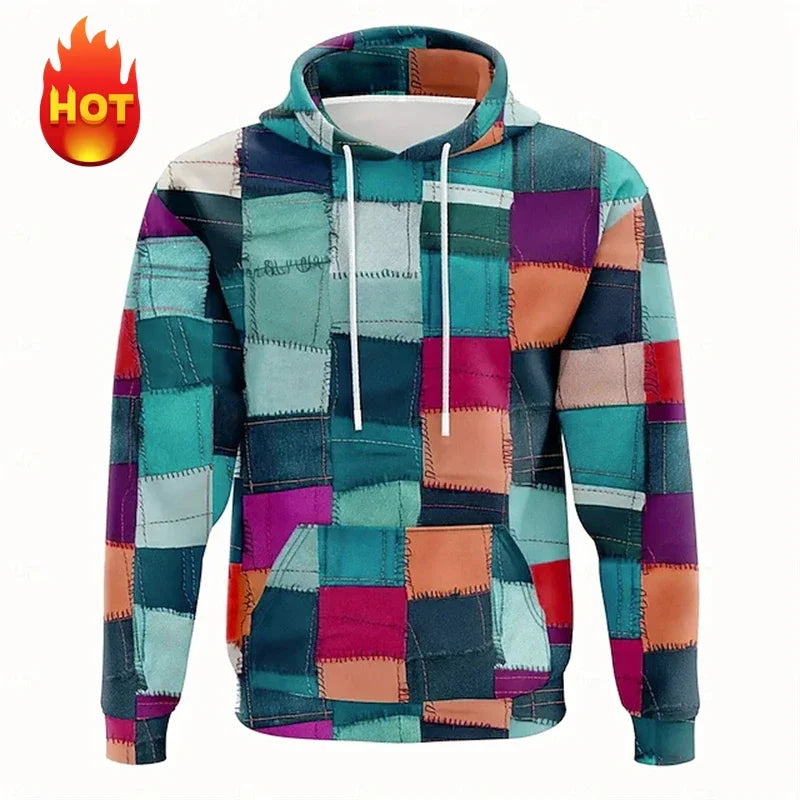 Men's hoodie 3D printed simulation sewing plaid sweatshirts fashion men's clothing