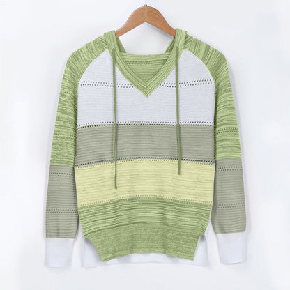 Plus Size 5XL Autumn Winter Women's Pullover Fashion Patchwork Long Sleeve Knit Sweater Tops Women Crochet Hollow Hooded Sweater