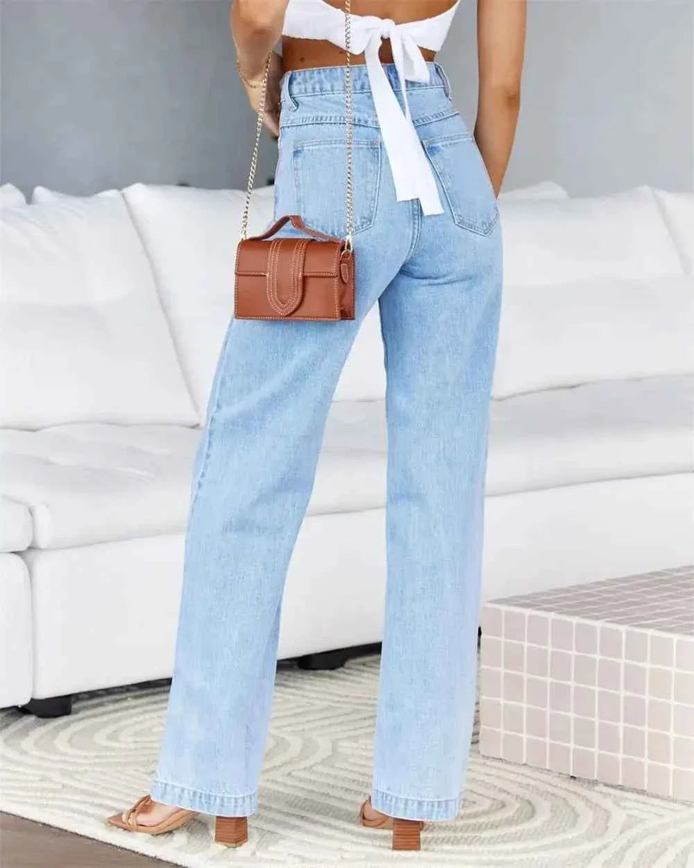Women's High Waist Straight Leg Women's Jeans Denim Loose Fit with Pockets Wide Leg Basics
