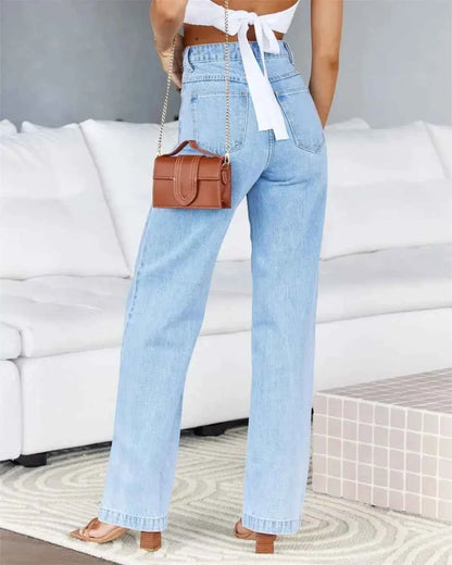 Women's High Waist Straight Leg Women's Jeans Denim Loose Fit with Pockets Wide Leg Basics