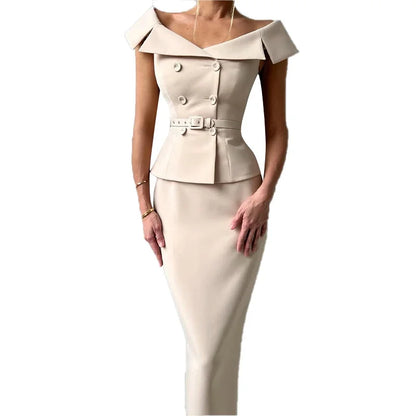 Elegant Midi Skirt Suit Women Double-Breasted Slim Top Belt Hip Package Skirt 2 Piece Outfits