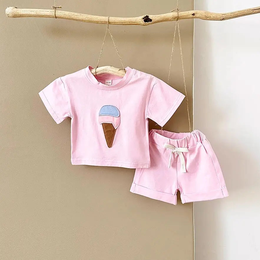 Baby Outfit Set for Newborns -Summer Ice Cream Print round Baby Outfit SeNeck T-shirt Sports Shorts 2PCS  Combo Unisex 0-3 Years