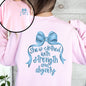 She Is Clothed With Strength and Dignity, Front and Back, Proverbs, Bows, Ribbon, Girly, Religious, Christmas, Faith Sweatshirt