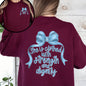 She Is Clothed With Strength and Dignity, Front and Back, Proverbs, Bows, Ribbon, Girly, Religious, Christmas, Faith Sweatshirt