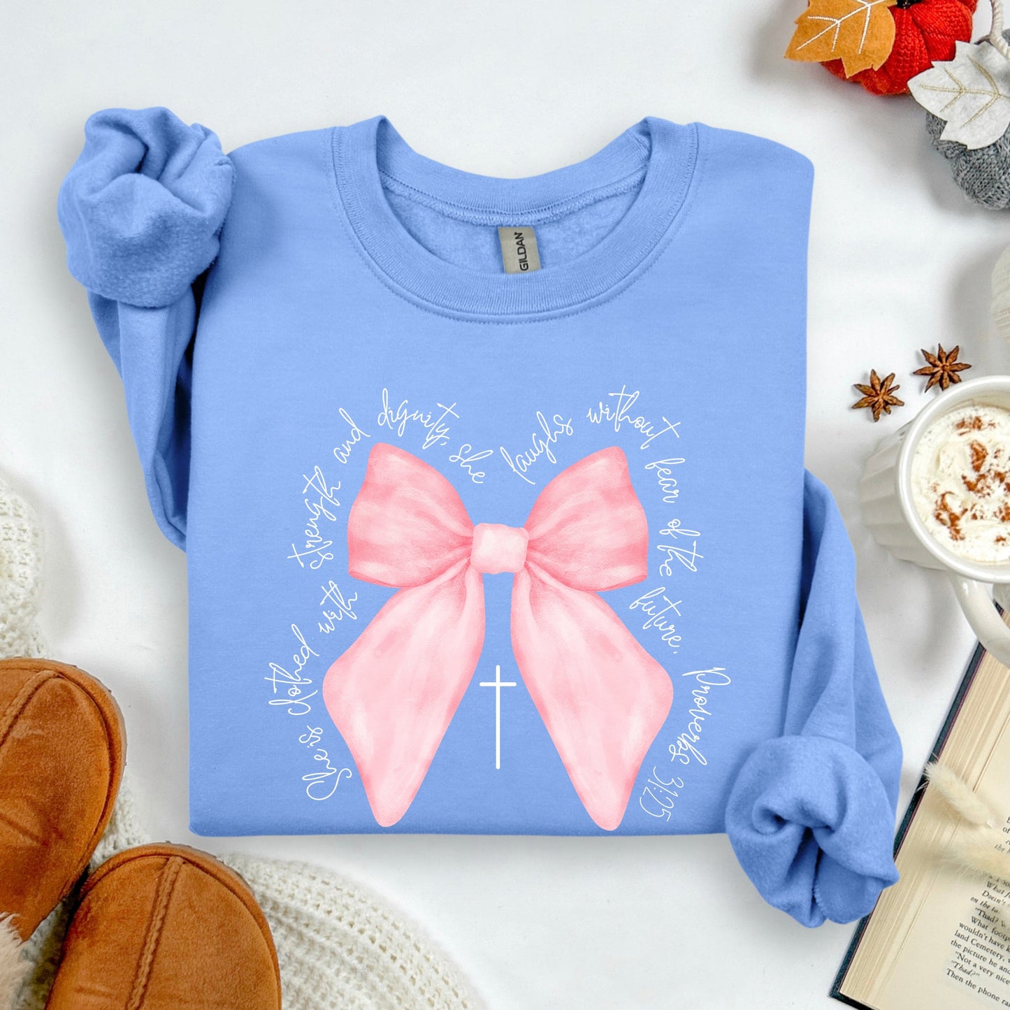She Is Clothed With Strength and Dignity, Proverbs, Bows, Ribbon, Girly, Religious, Christmas, Faith Sweatshirt
