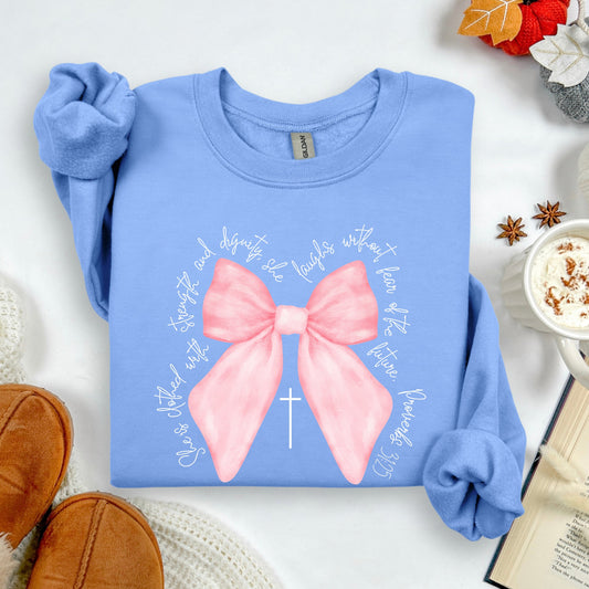 She Is Clothed With Strength and Dignity, Proverbs, Bows, Ribbon, Girly, Religious, Christmas, Faith Sweatshirt