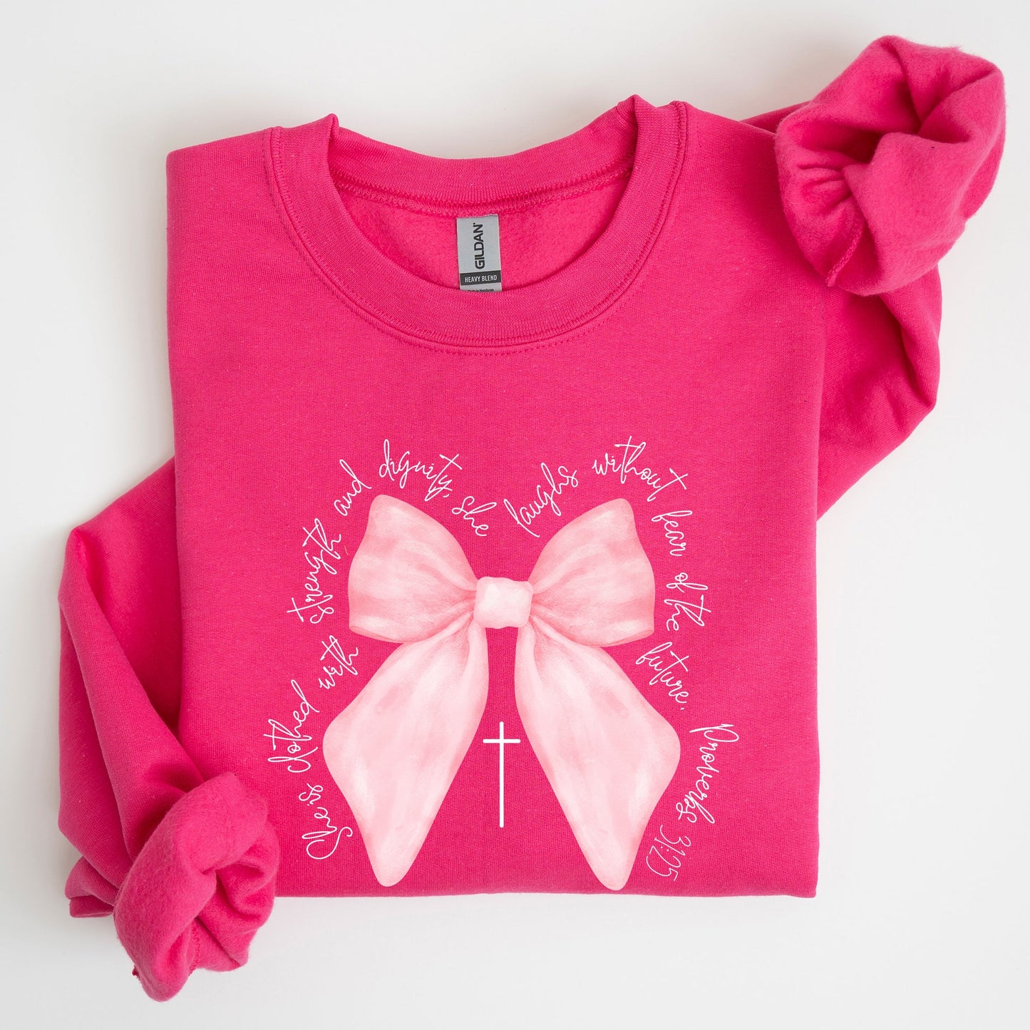 She Is Clothed With Strength and Dignity, Proverbs, Bows, Ribbon, Girly, Religious, Christmas, Faith Sweatshirt