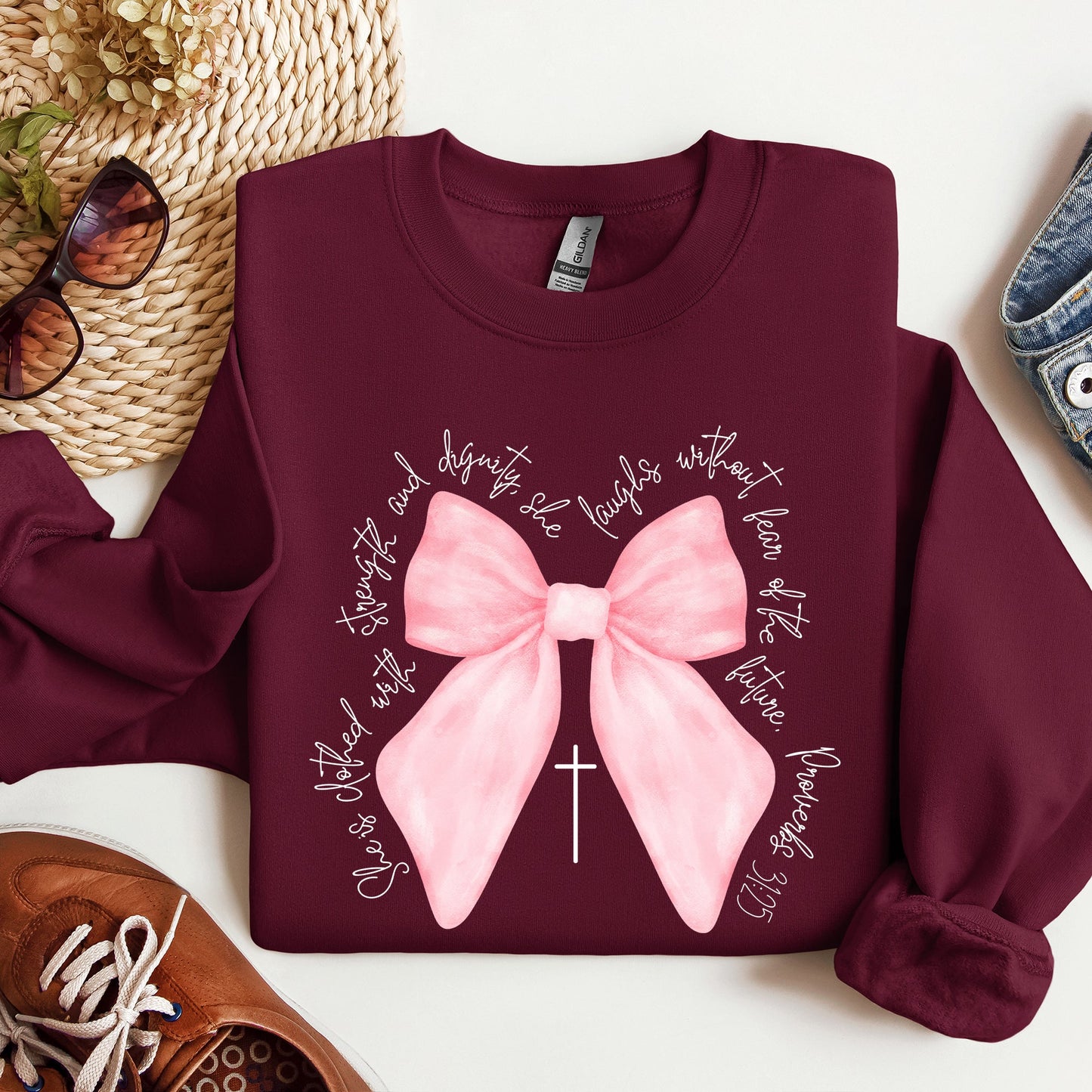 She Is Clothed With Strength and Dignity, Proverbs, Bows, Ribbon, Girly, Religious, Christmas, Faith Sweatshirt