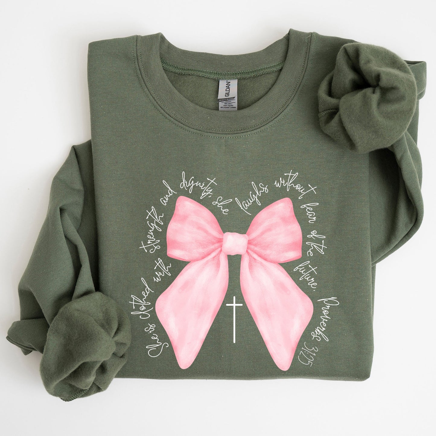 She Is Clothed With Strength and Dignity, Proverbs, Bows, Ribbon, Girly, Religious, Christmas, Faith Sweatshirt