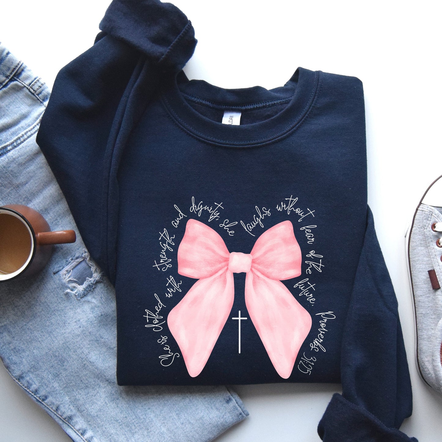 She Is Clothed With Strength and Dignity, Proverbs, Bows, Ribbon, Girly, Religious, Christmas, Faith Sweatshirt