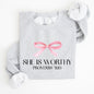 She Is Worthy, Bible Verse, Christmas, Bow, Pink, Proverbs, Soft Girl Era Sweatshirt