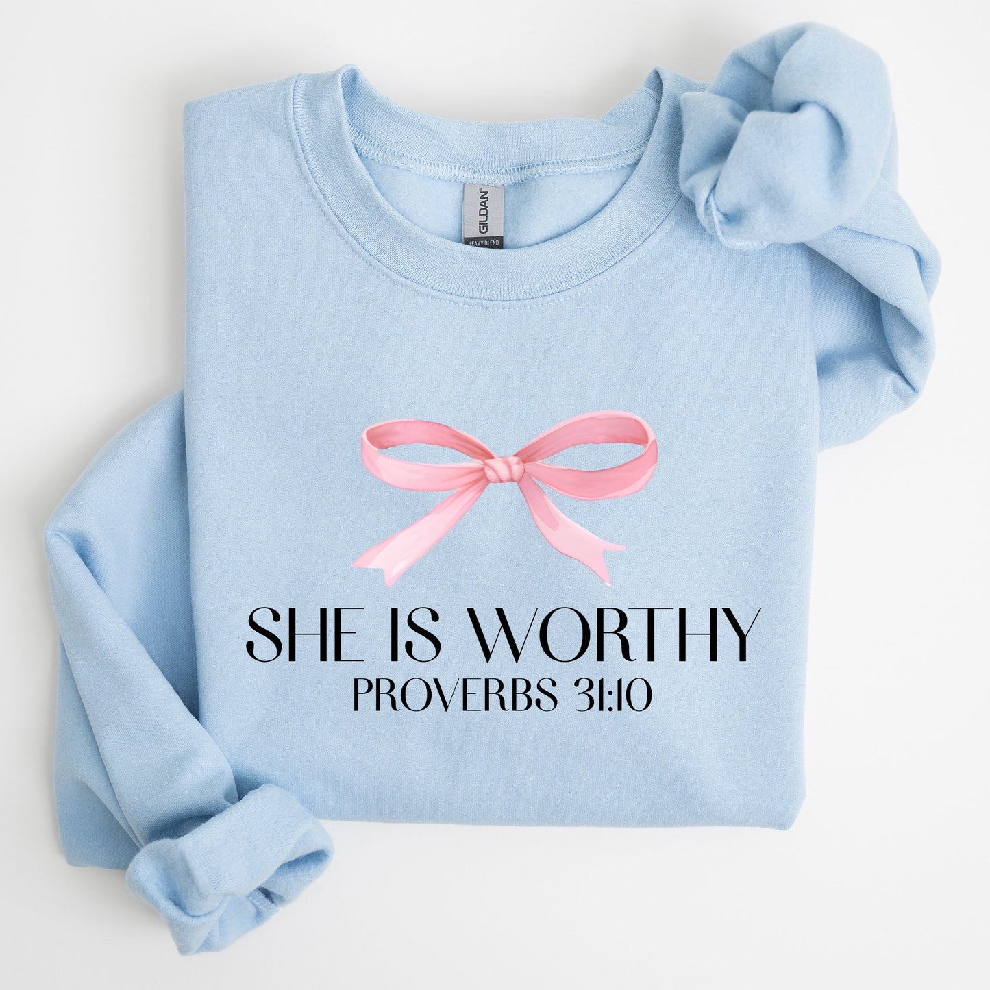 She Is Worthy, Bible Verse, Christmas, Bow, Pink, Proverbs, Soft Girl Era Sweatshirt