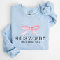 She Is Worthy, Bible Verse, Christmas, Bow, Pink, Proverbs, Soft Girl Era Sweatshirt