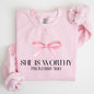 She Is Worthy, Bible Verse, Christmas, Bow, Pink, Proverbs, Soft Girl Era Sweatshirt