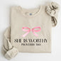 She Is Worthy, Bible Verse, Christmas, Bow, Pink, Proverbs, Soft Girl Era Sweatshirt