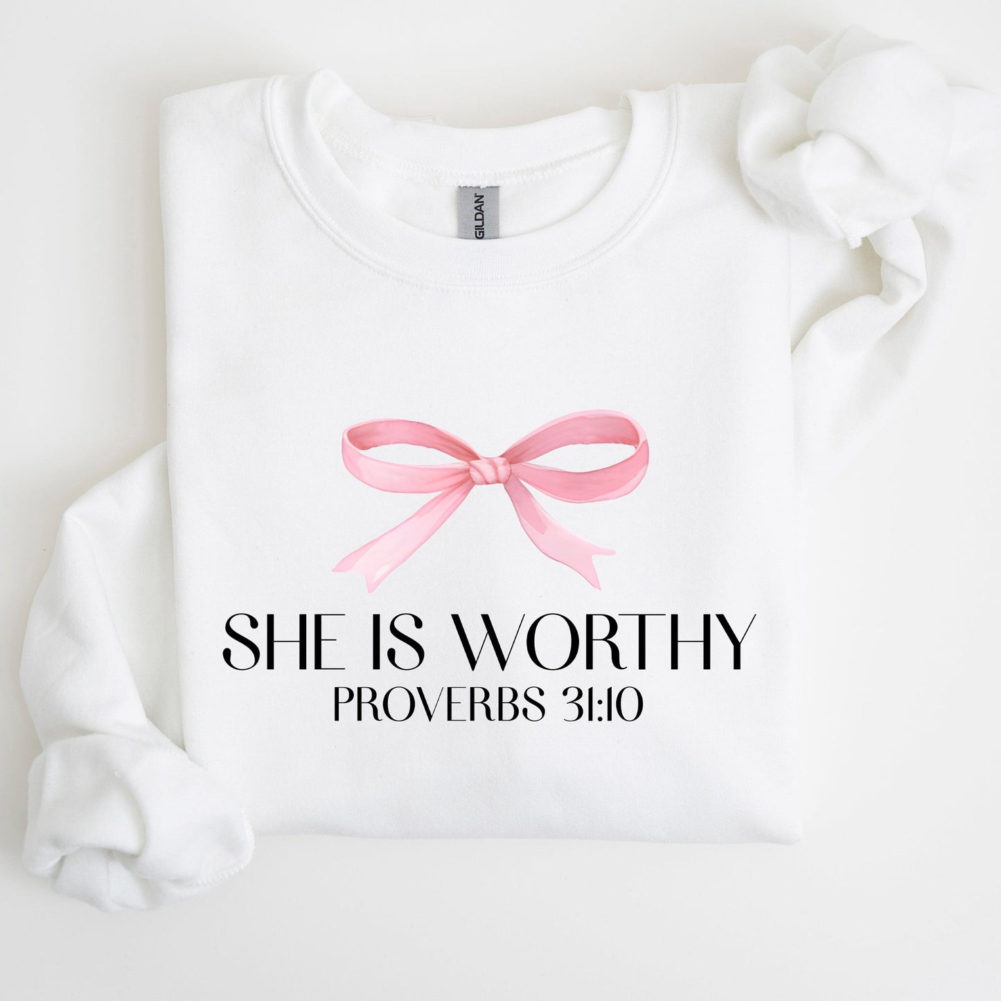 She Is Worthy, Bible Verse, Christmas, Bow, Pink, Proverbs, Soft Girl Era Sweatshirt