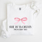 She Is Worthy, Bible Verse, Christmas, Bow, Pink, Proverbs, Soft Girl Era Sweatshirt