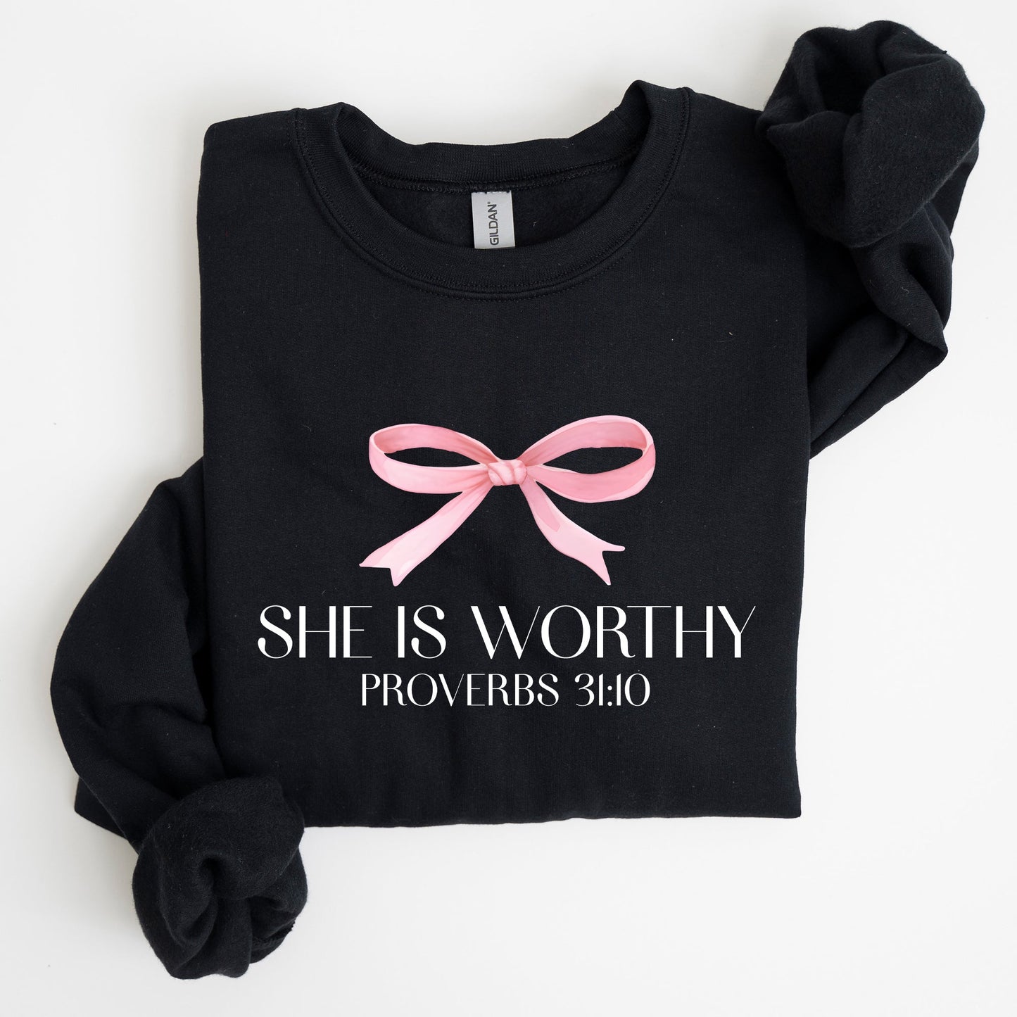 She Is Worthy, Bible Verse, Christmas, Bow, Pink, Proverbs, Soft Girl Era Sweatshirt