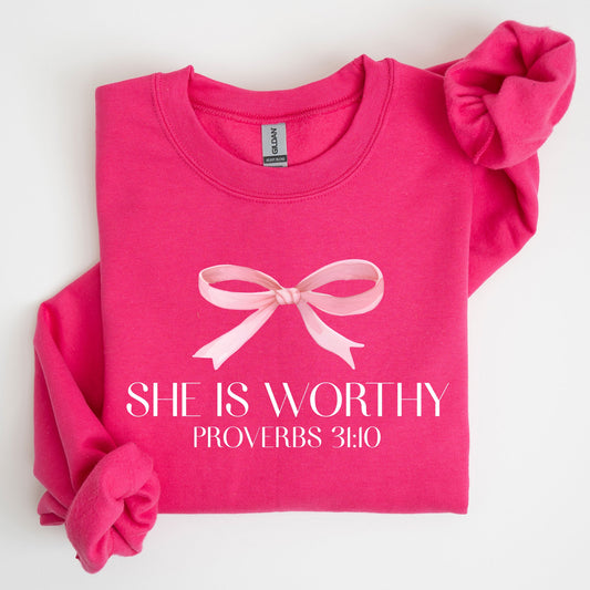 She Is Worthy, Bible Verse, Christmas, Bow, Pink, Proverbs, Soft Girl Era Sweatshirt