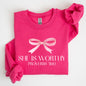 She Is Worthy, Bible Verse, Christmas, Bow, Pink, Proverbs, Soft Girl Era Sweatshirt