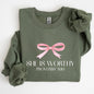 She Is Worthy, Bible Verse, Christmas, Bow, Pink, Proverbs, Soft Girl Era Sweatshirt