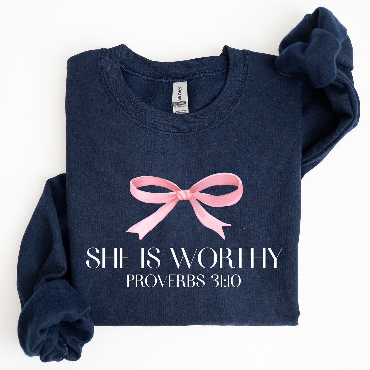 She Is Worthy, Bible Verse, Christmas, Bow, Pink, Proverbs, Soft Girl Era Sweatshirt