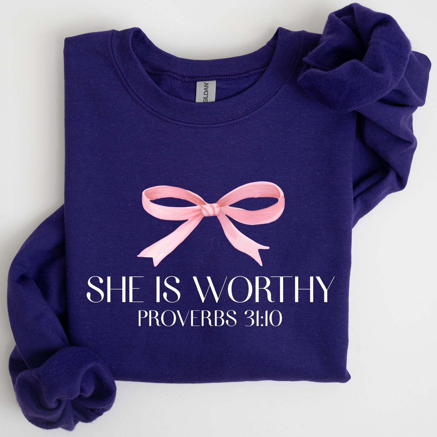 She Is Worthy, Bible Verse, Christmas, Bow, Pink, Proverbs, Soft Girl Era Sweatshirt