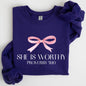 She Is Worthy, Bible Verse, Christmas, Bow, Pink, Proverbs, Soft Girl Era Sweatshirt