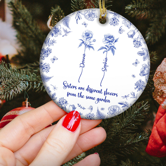Sisters Are Different Flowers From The Same Garden Toile De Jouy - Personalized Circle Ceramic Ornament - Christmas Gift For Her, Besties, Best Friends, Sisters