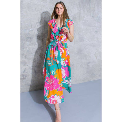 [Sizes SM-L] Floral Printed Woven Midi Dress in Teal Orange | Ruffled