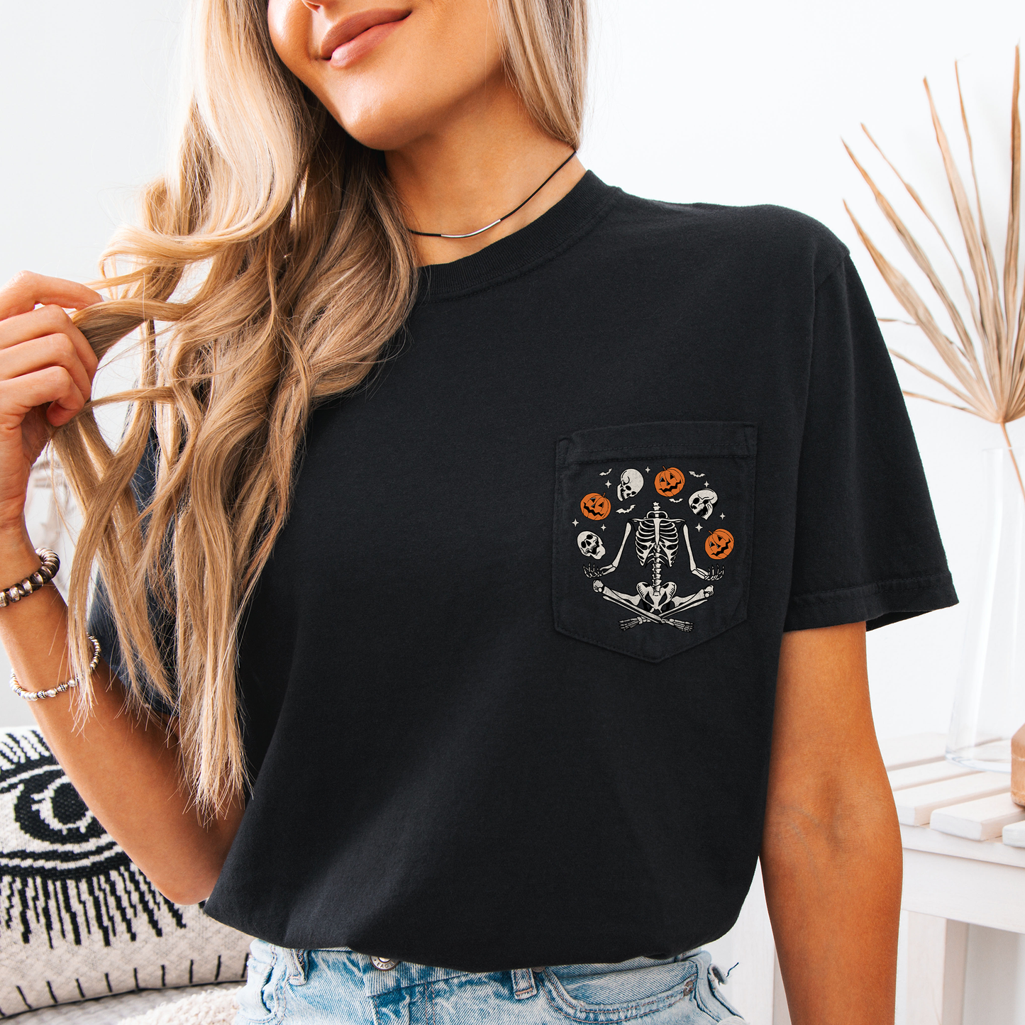 Skeleton, Juggling, Halloween, Jack o Lantern, Pocket, Comfort Colors Pocket T-Shirt