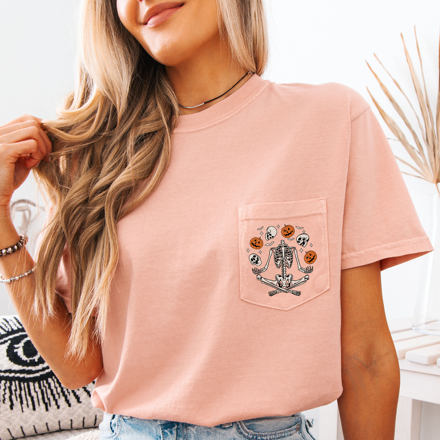 Skeleton, Juggling, Halloween, Jack o Lantern, Pocket, Comfort Colors Pocket T-Shirt
