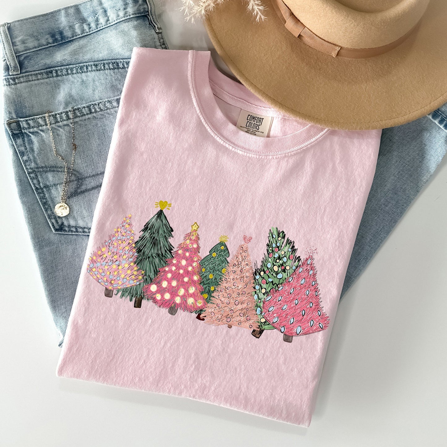 Sketched Christmas Trees, Christmas Heart, Vibrant, Winter, Snow, Xmas Tshirt Comfort Colors T-Shirt